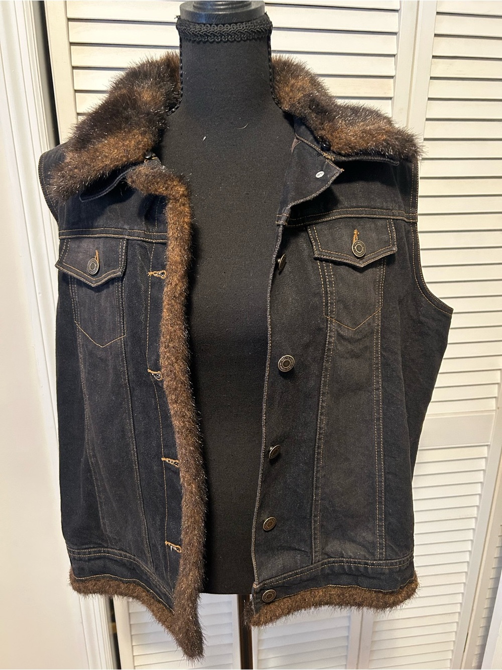 Women’s Black Denim Vest with Brown Faux Fur Trim
